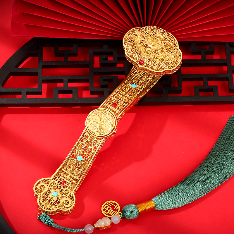 黄铜吉祥如意手把件花丝如意摆件中式轻奢小物件创意礼物新中式