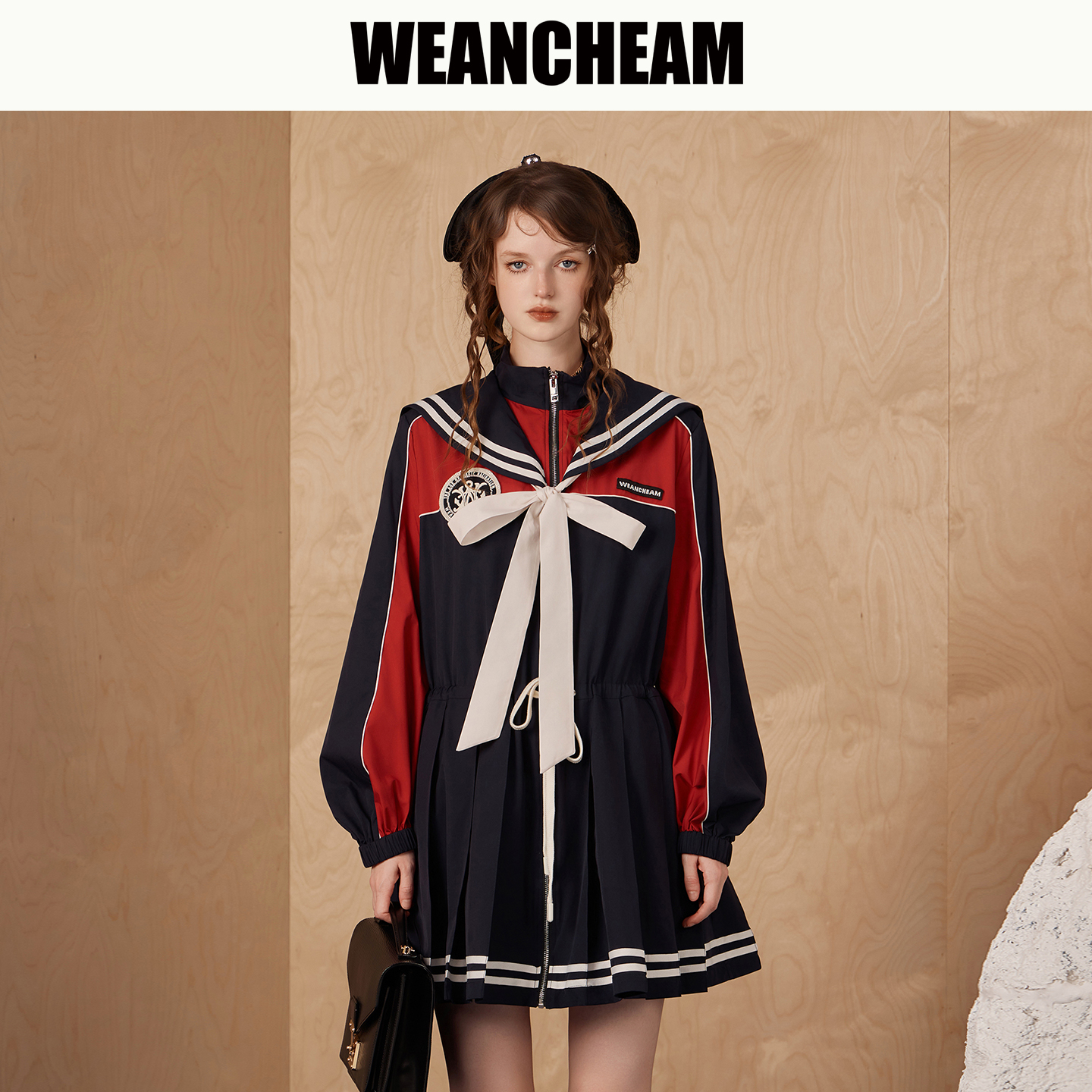 WEANCHEAM未未姆琥珀流光秋冬女装海军领运动感连衣裙W16QDD014
