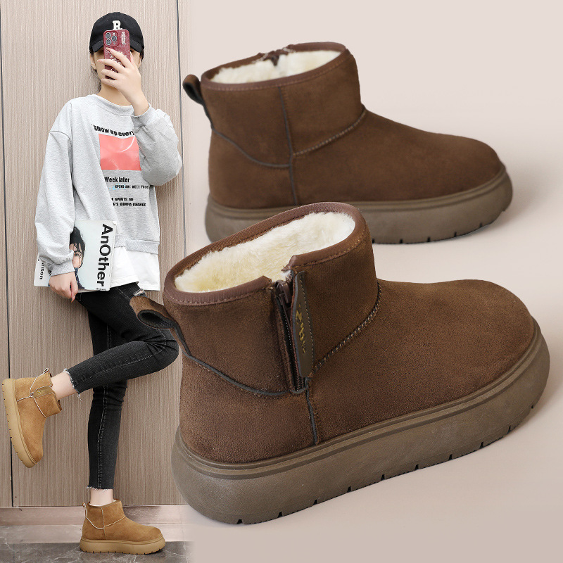 新款2024秋冬季女鞋休闲棉鞋纯色增高厚底保暖韩版雪地靴