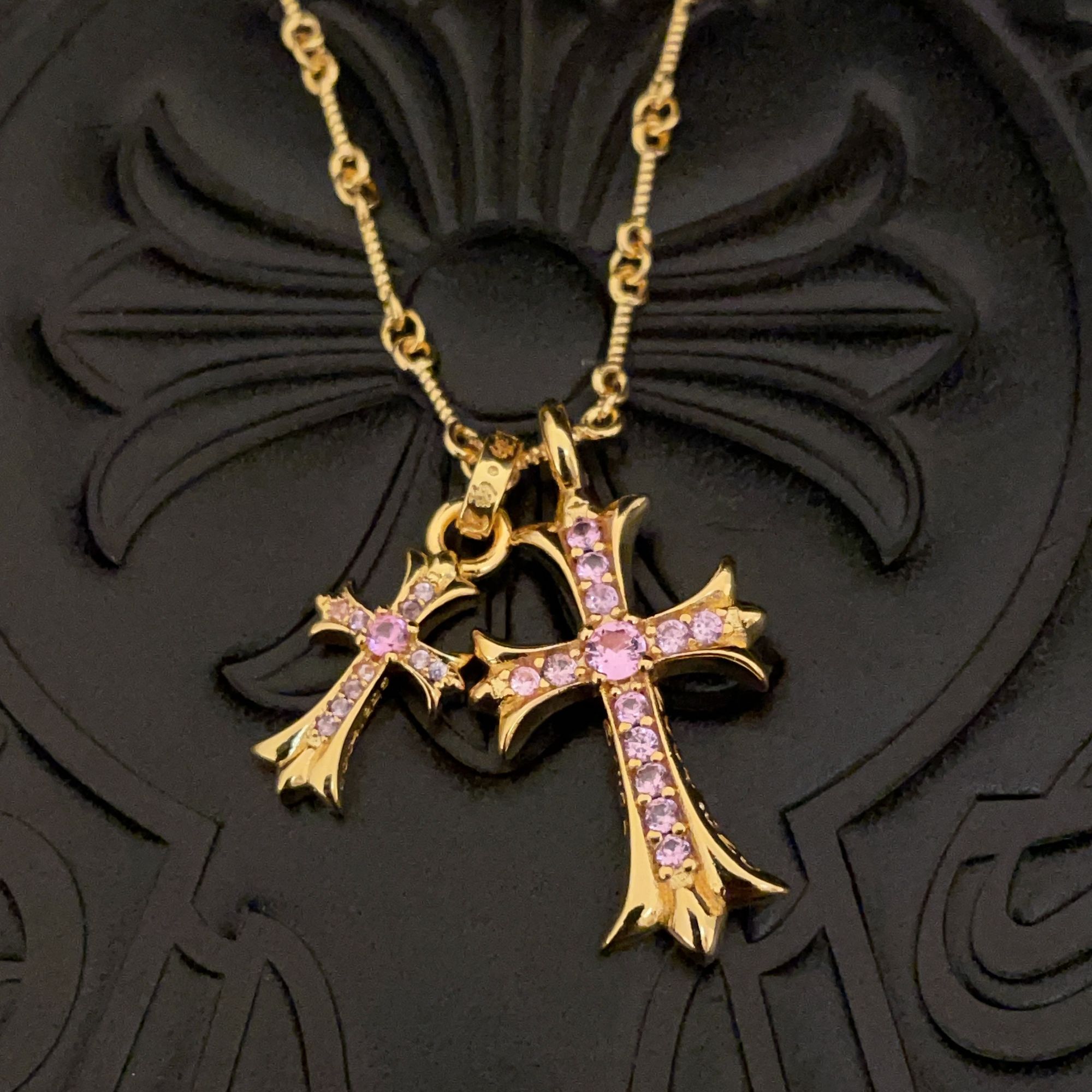 铜合金项链 克罗双十字架项链金色浅粉高级哥特风女生男生项链