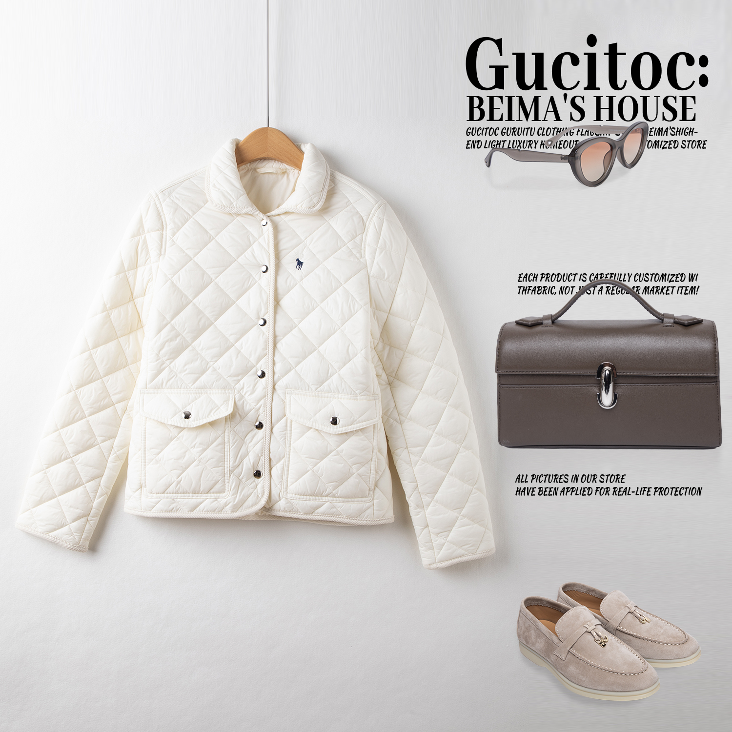 小马刺绣常规翻领菱格拼接宽松型修身棉服棉衣加厚宽松温婉风