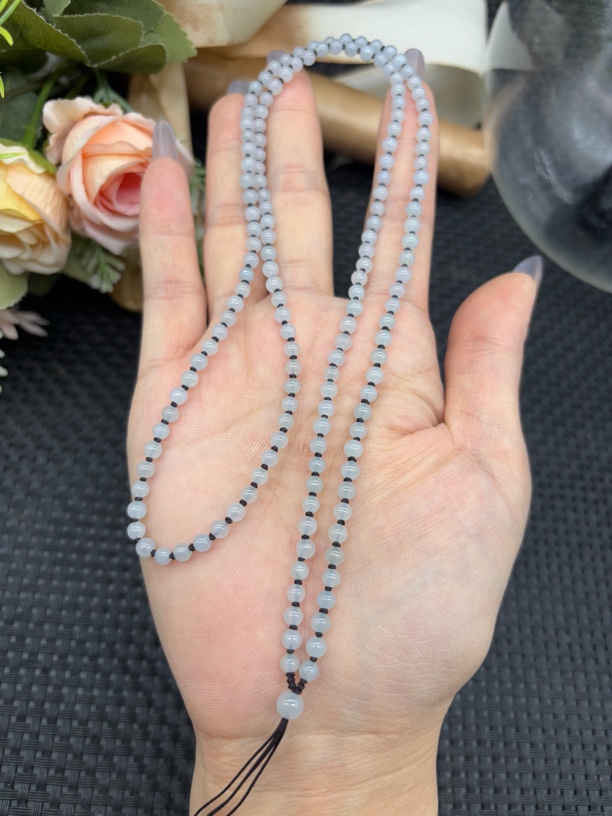 精品天然缅甸A货翡翠白冰种圆珠3.6mm白月光玉石挂件绳长链毛衣链