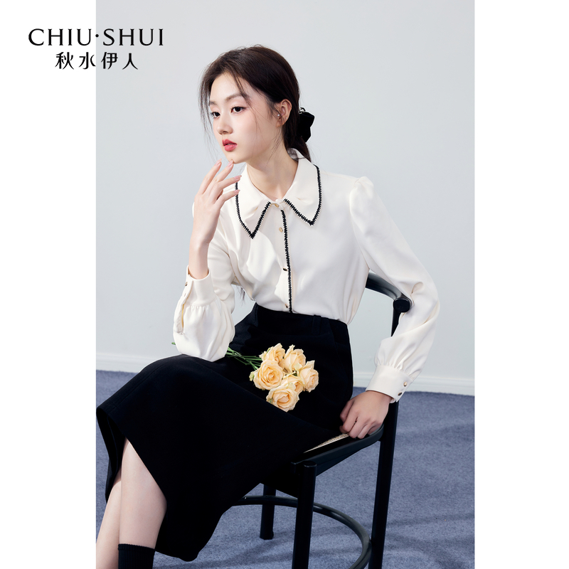 【品牌专属】秋水伊人经典撞色包边百塔磨毛衬衫冬季新款女装