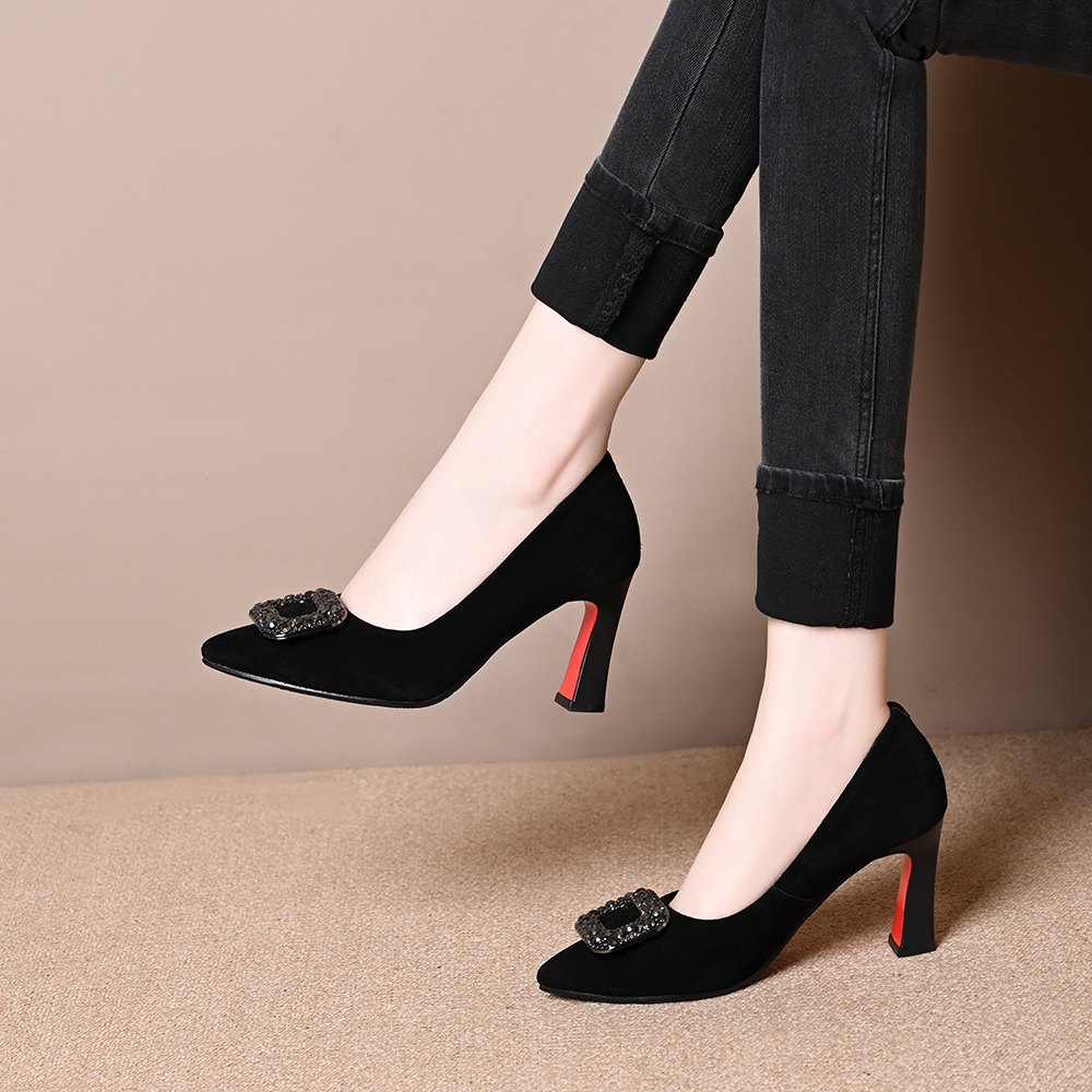 真皮羊皮气质职业黑色高跟鞋女2025春秋新款尖头水钻软底粗跟单鞋