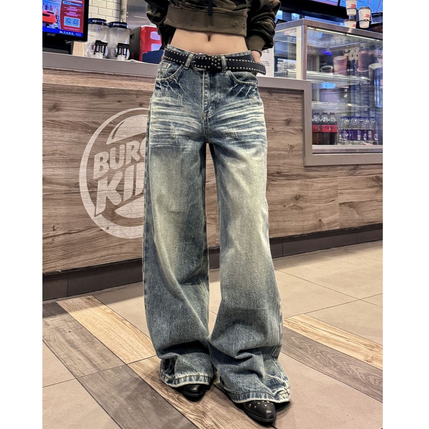 高个子加长美式复古辣妹水洗做旧牛仔裤女宽松显瘦百搭拖地阔腿裤