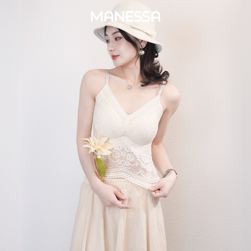 曼娜莎【细闪肩带】蕾丝V领美背收腰自带杯垫吊带背心百搭凉欧若风