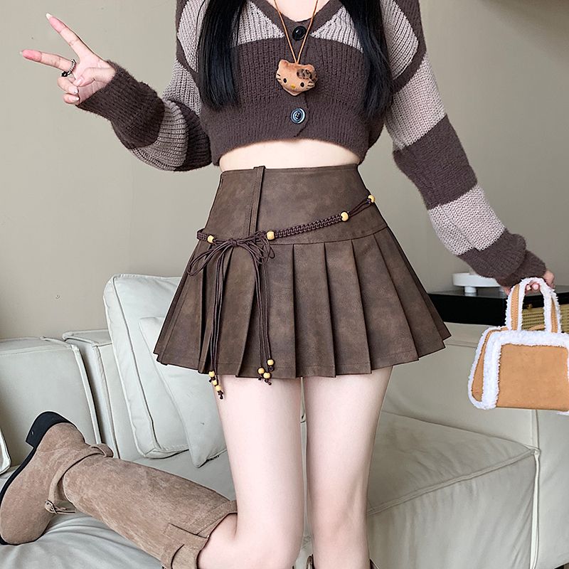 美式皮裙半身裙女2025春季高腰辣妹风纯欲显瘦a字百褶短裙小众