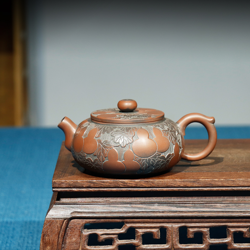 飞把莲子壶160ml钦州坭兴陶浮雕茶具浮雕葫芦壶家用小容量泡茶壶