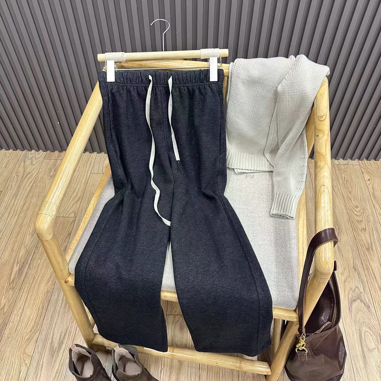 高腰抽绳阔腿毛呢九分裤百搭宽松显瘦文艺秋冬直筒裤女K88196