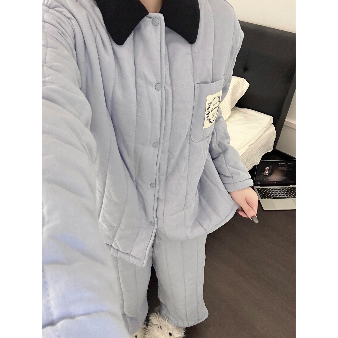 韩系甜美风夹棉睡衣冬季新款保暖加绒加厚宽松开衫家居服套装外穿