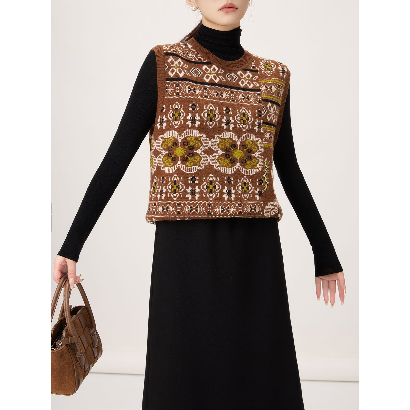 老敏哥 100绵羊毛复古提花针织背心女秋季新款叠穿洋气马甲W2211