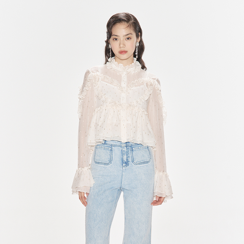 【大橘专属】LE FAME/拉飞姆荷叶边装饰金葱上衣（配内搭）