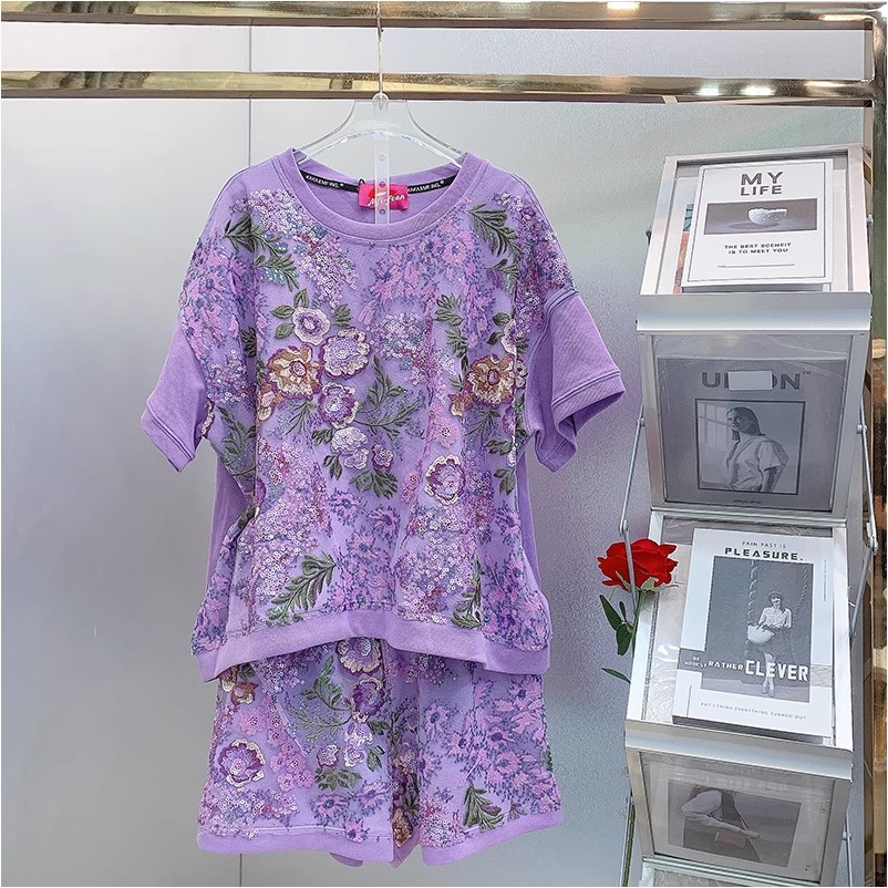 XX1085 欧美风设计师2023夏季新款拼接蕾丝刺绣钩花休闲宽松套装