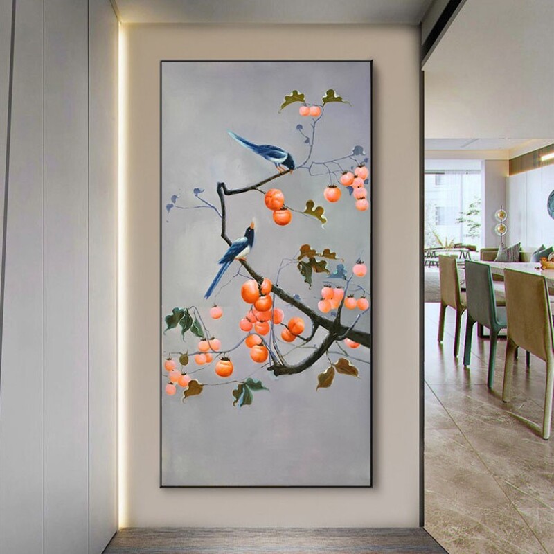 柿子纯手绘油画玄关装饰画走廊过道挂画新中式写实入户门柿柿如意
