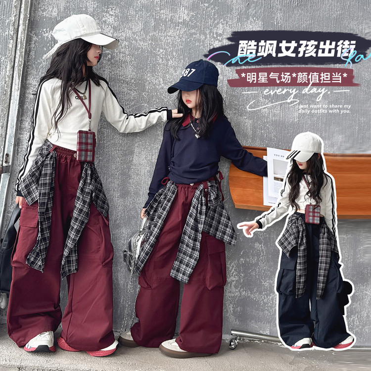 女童秋装套装2025新款韩版女孩格子皮帘工装裤酷飒美式复古两件套