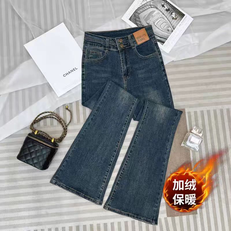 原创自制复古蓝微喇叭牛仔裤女2025早秋高腰修身弹力显高显瘦裤子