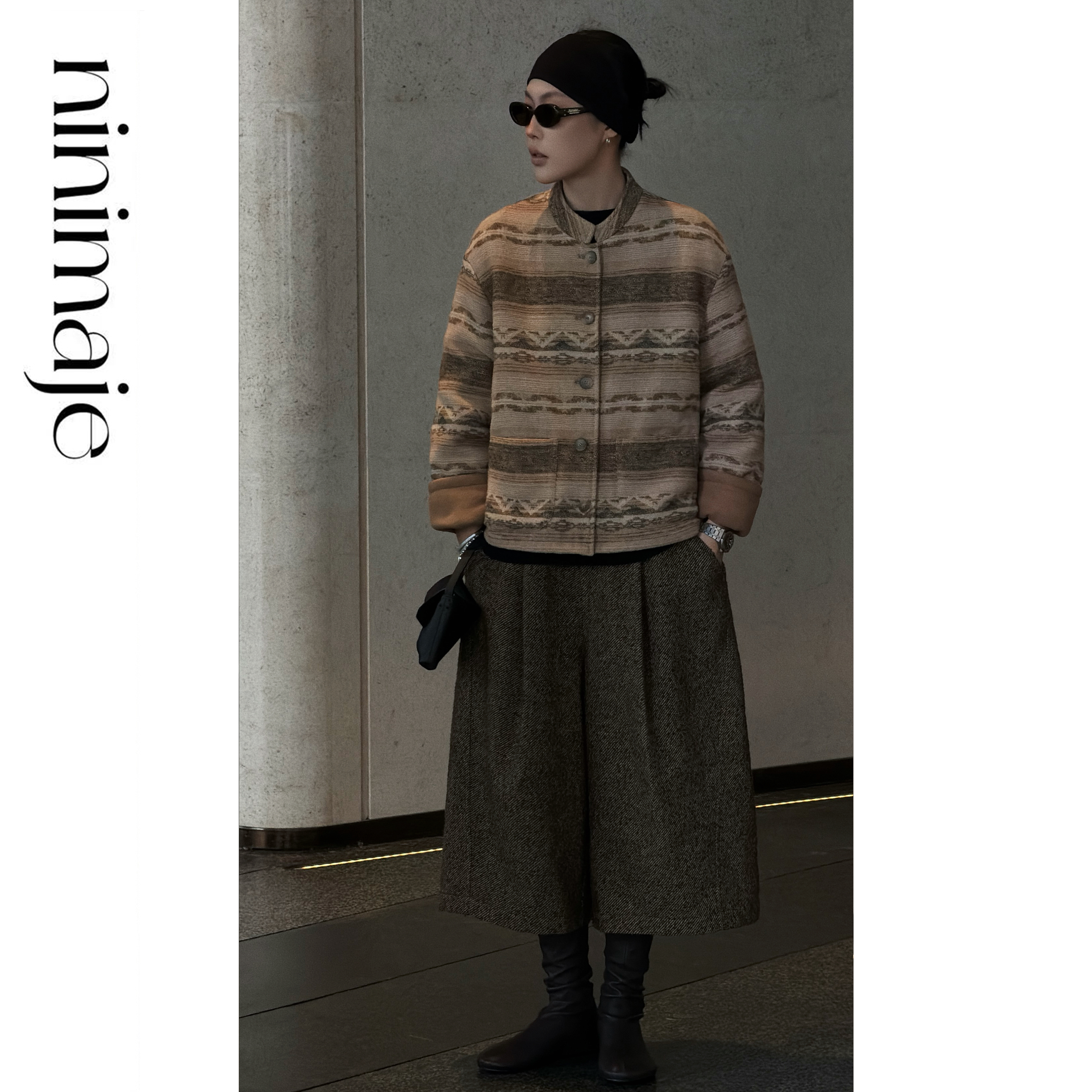 NanBeiBei 极简立裁廓形羊毛粗斜纹花苞七分毛毛球裤 7479