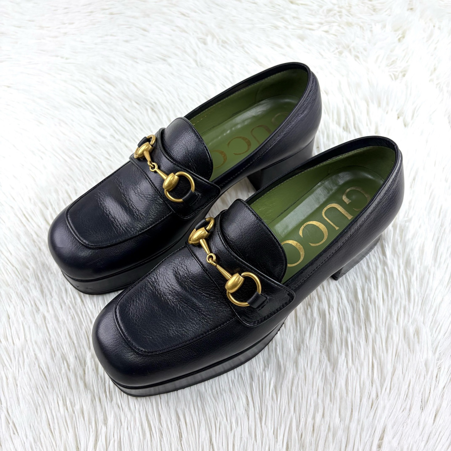 99新 GUCCI/古驰 黑色马衔扣厚底乐福鞋37码