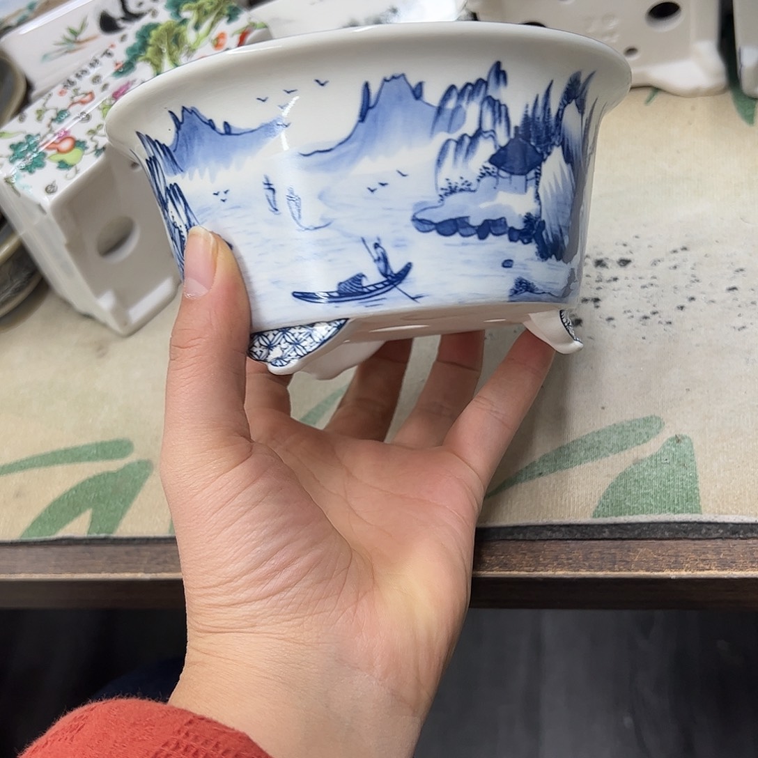 紫砂花盆091号瑕疵15/7.5cm仿手绘青花云足圆盆