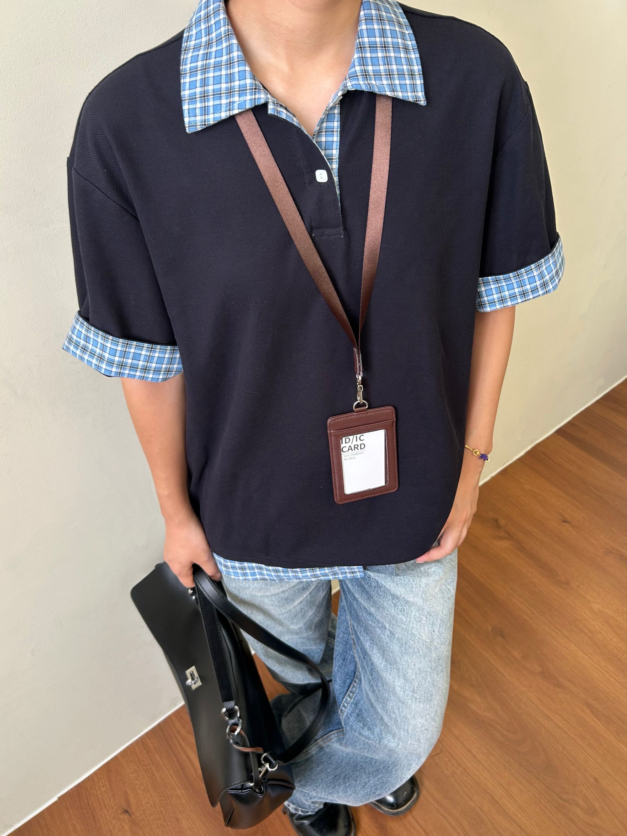 MADEEXTREME 藏蓝色假两件拼接透气格纹polo领短袖衬衫t恤 miu系