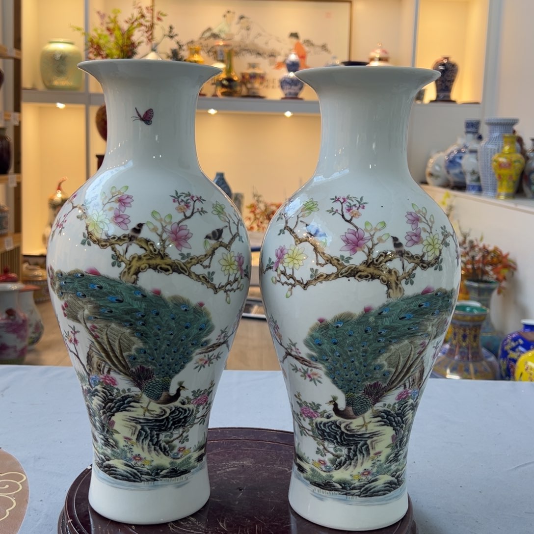 摆件陶一对36cm孔雀鱼尾瓶