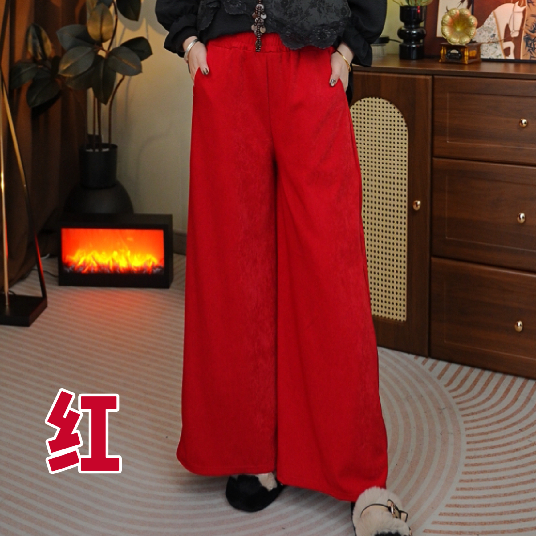 157#1860-红色冰花绒阔腿裤-F