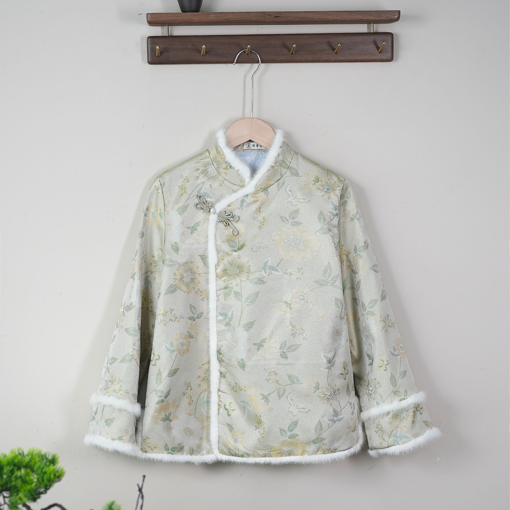 【清雅双毛边】宋锦冬季日常时尚高级感中式夹棉水貂毛边外套