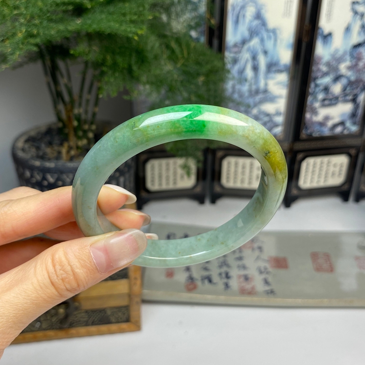 59.6大圈口 老料黄加绿复古正圈手镯 天然翡翠A货 