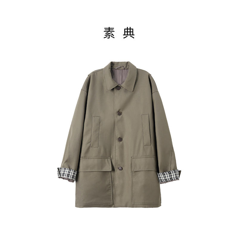 女中长款长袖翻领极简全棉女风衣春秋秋冬风衣卡其cs