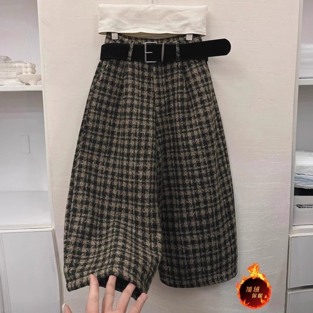 复古千鸟格纹毛尼休闲裤女2025冬季新款显瘦气质直筒阔腿七分裤