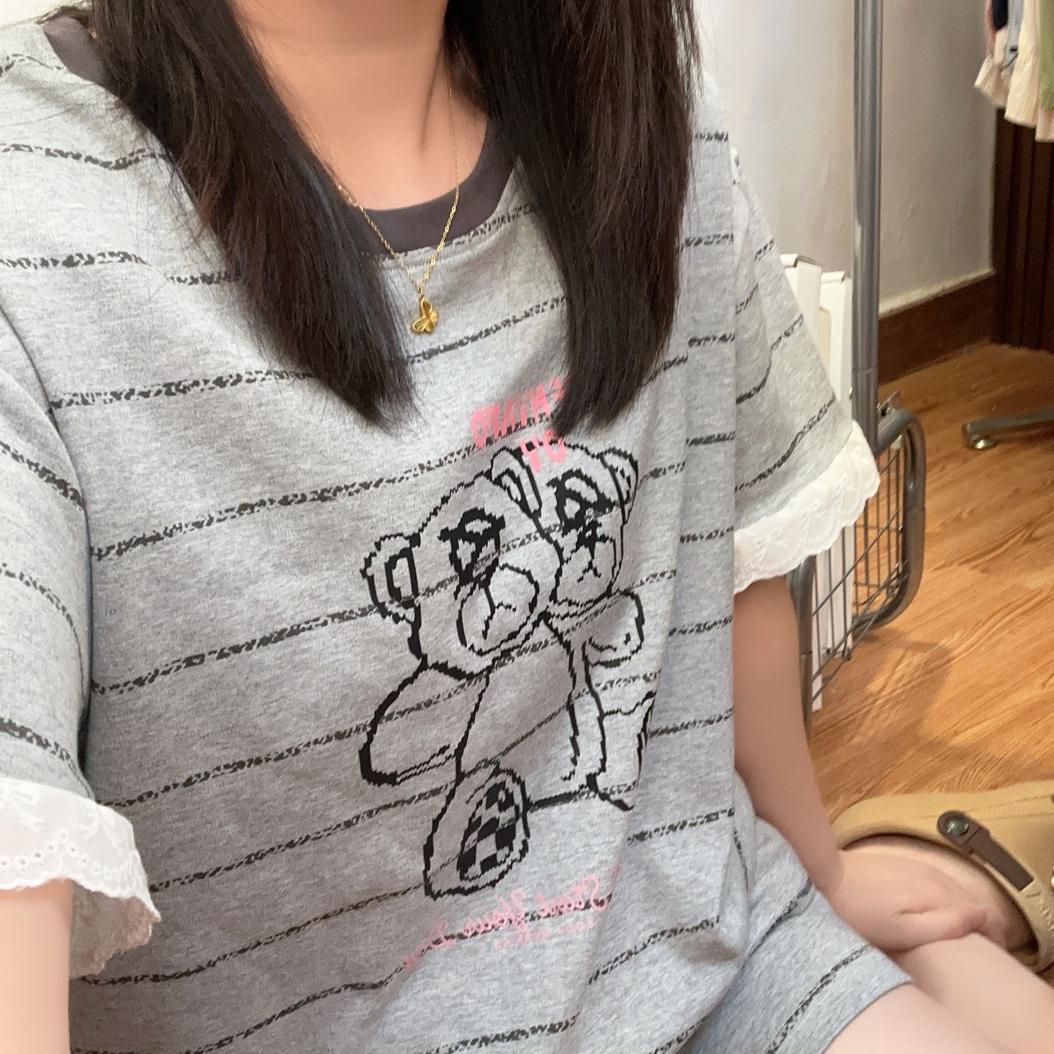 2025年新款夏季带胸垫睡衣女可爱短袖家居服条纹小熊短裤套装