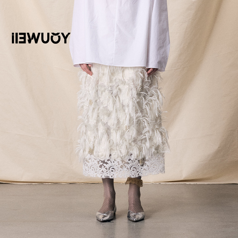 有尾YOUWEI2025冬款手剪流苏蕾丝半裙Y5825413半身裙秋冬百搭裙子
