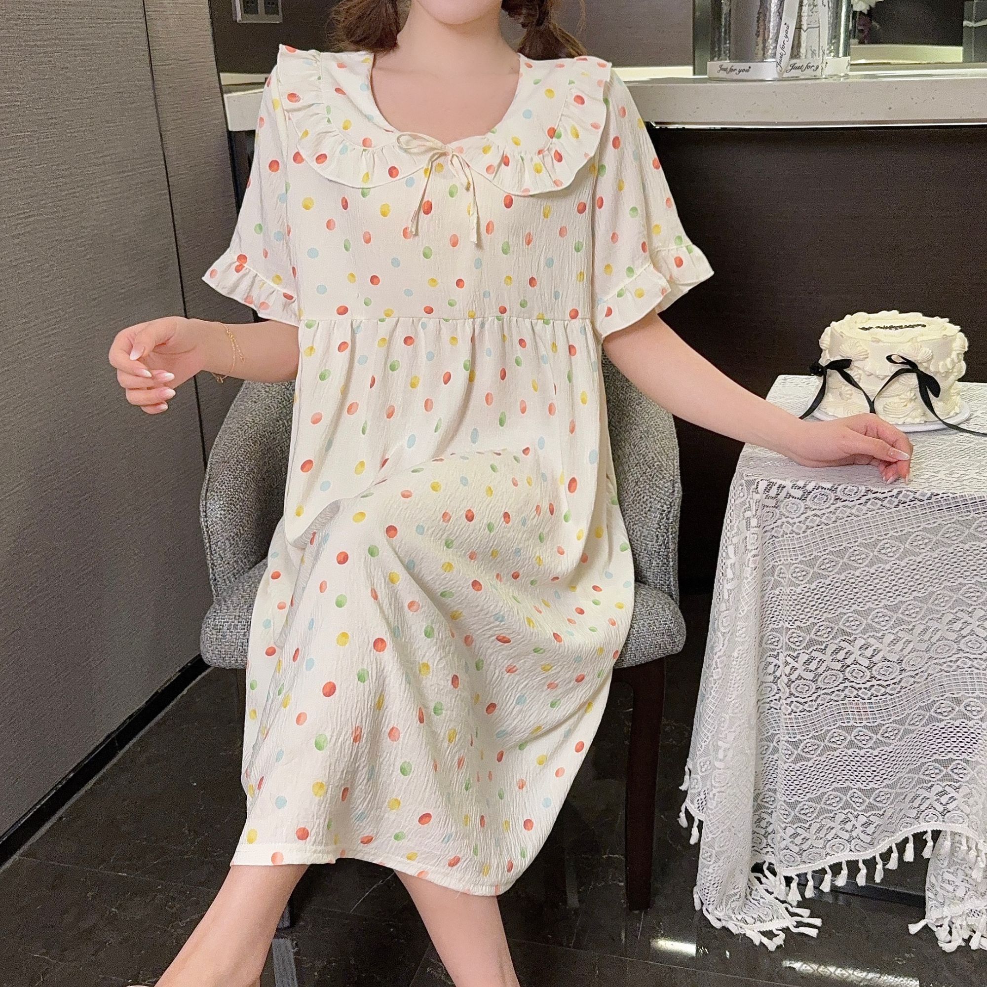 3302大码宽松春夏季短袖睡衣女彩色波点甜美睡裙可爱可外穿家居服
