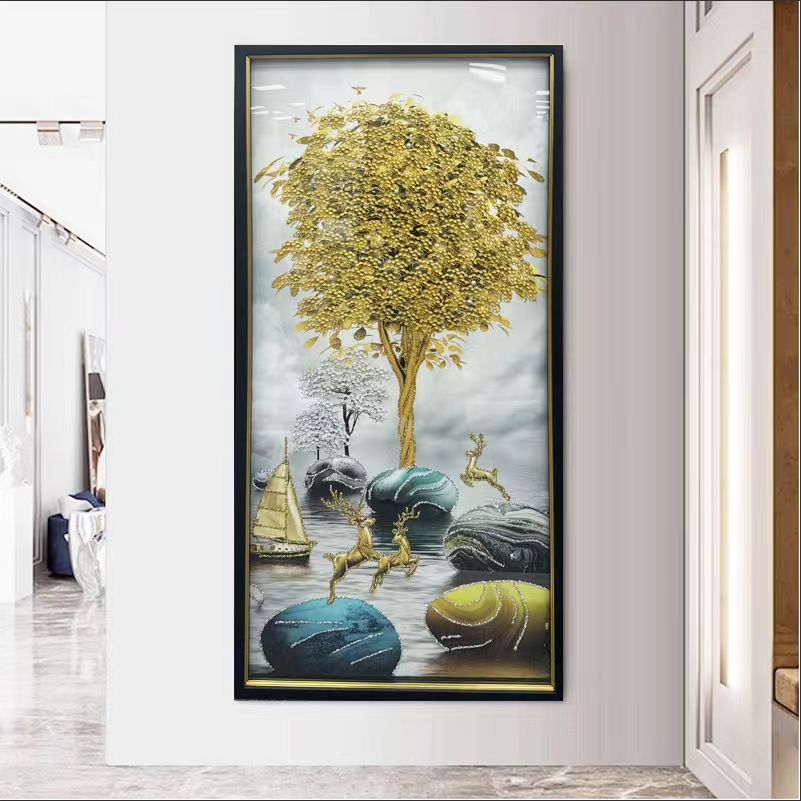 [喜宅家艺]Q116发财树时尚轻奢纯手工钢化玻璃装裱高端现代装饰画