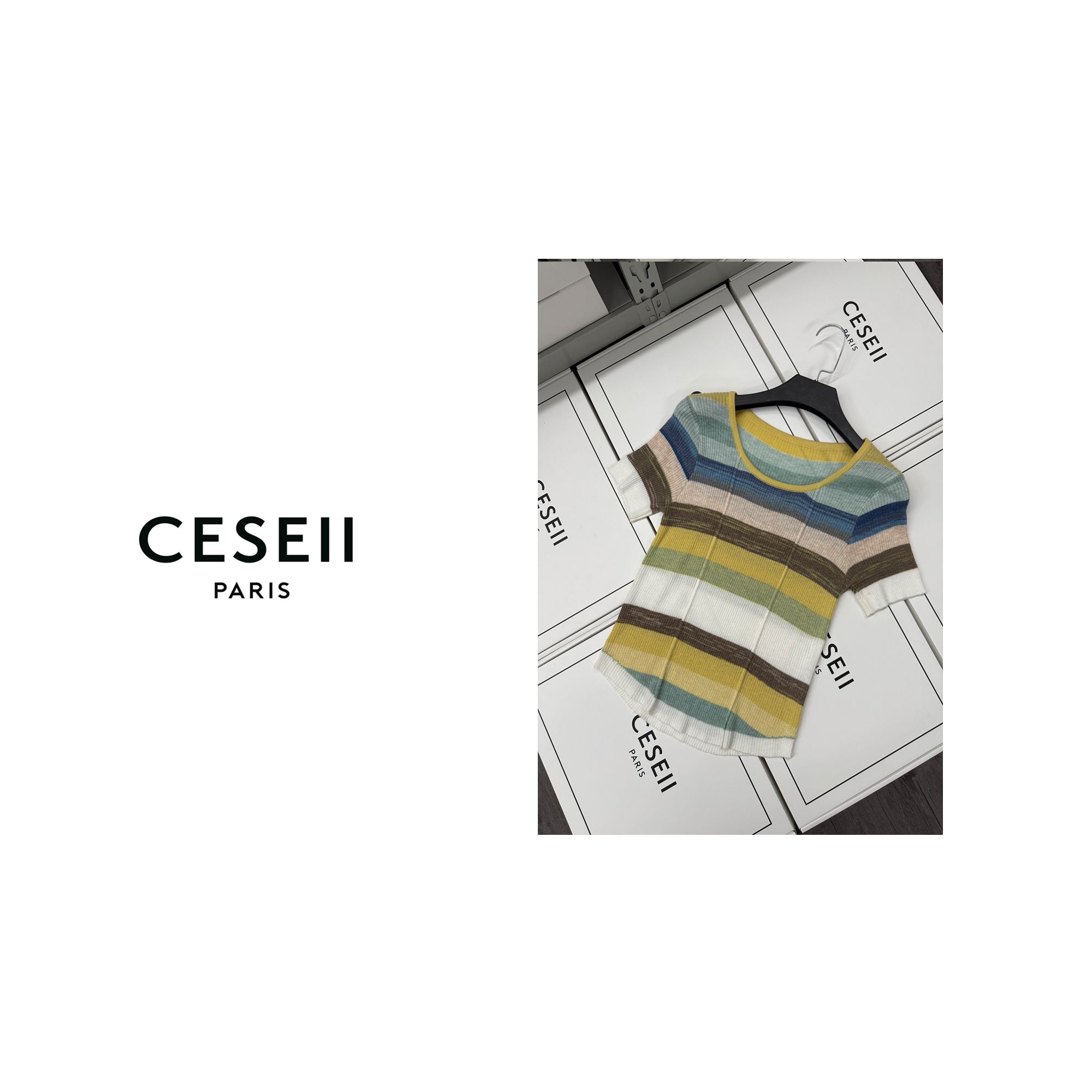 【25XJ473】25春夏顶版休闲时尚轻薄高弹凉爽显白彩虹针织短袖上衣