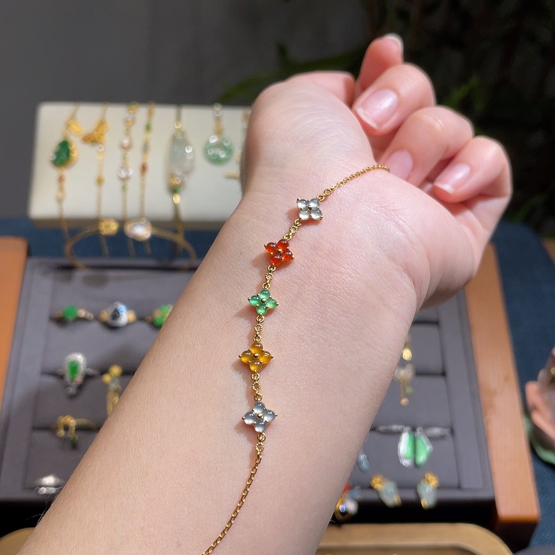 翡翠手链18K金镶嵌多彩蛋面 幸运四叶草