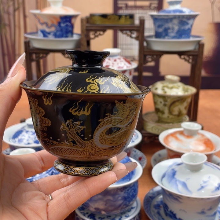 摆件陶黑金龙两才盖碗