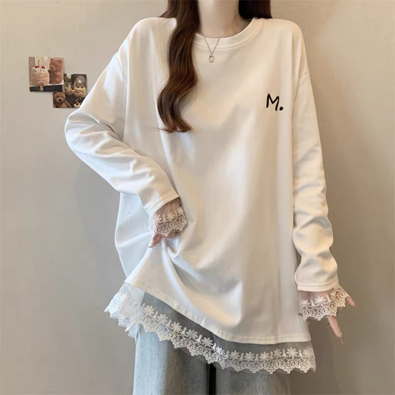 (8809#)白色蕾丝拼接长袖T恤女秋季大码女装中长款内搭