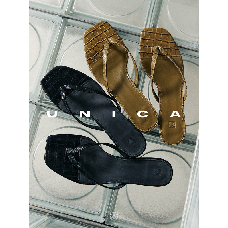 UNICA/北欧至简时髦_柔韧鳄鱼压纹牛皮小猫跟鞋人字高跟拖鞋