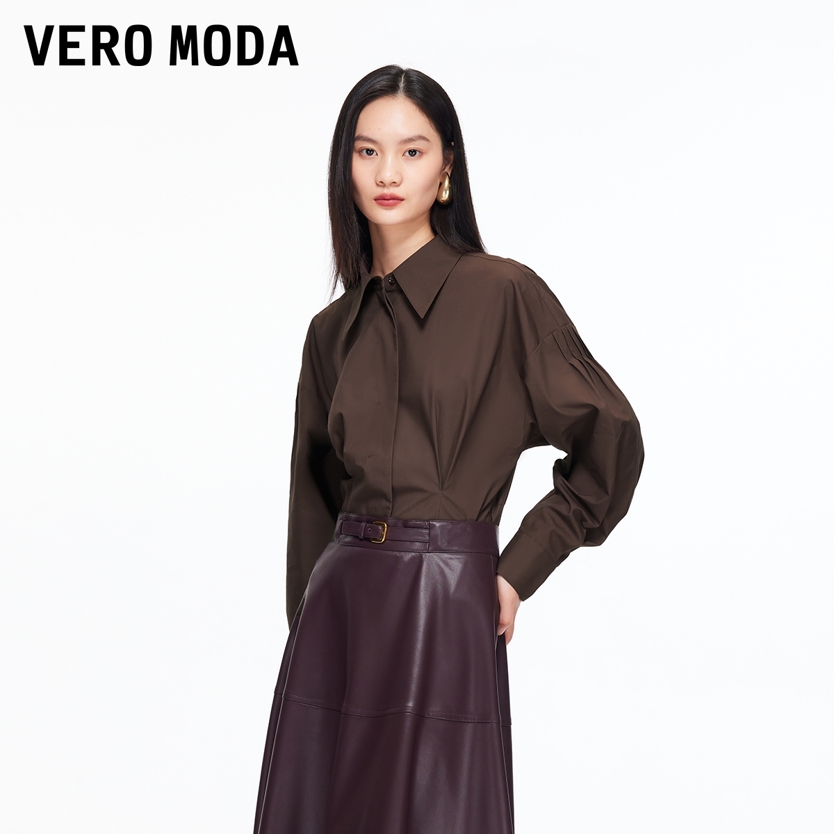 Vero Moda衬衫女2025冬季新款纯棉收腰宽松上衣时尚百搭325405006