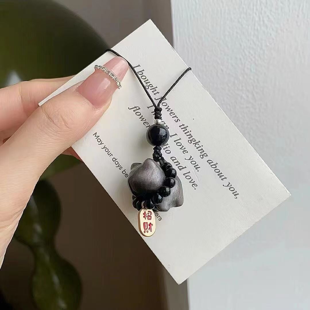 招财猫银曜石手机挂件女生时尚挂饰