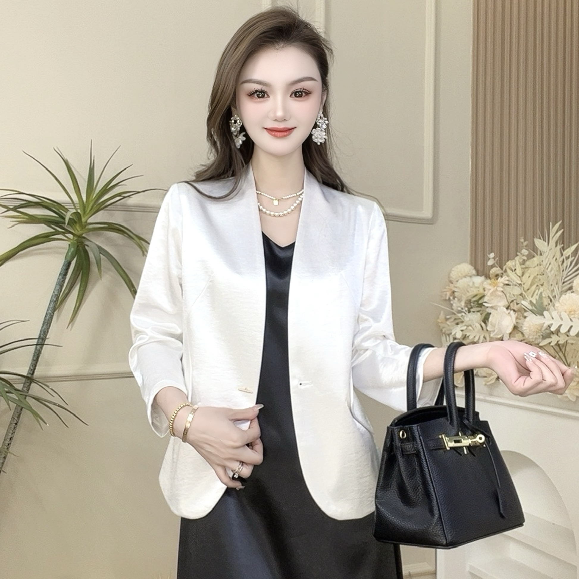 【西服外套】流光溢彩百搭时尚简约高级光泽感缎面西装外套气质女