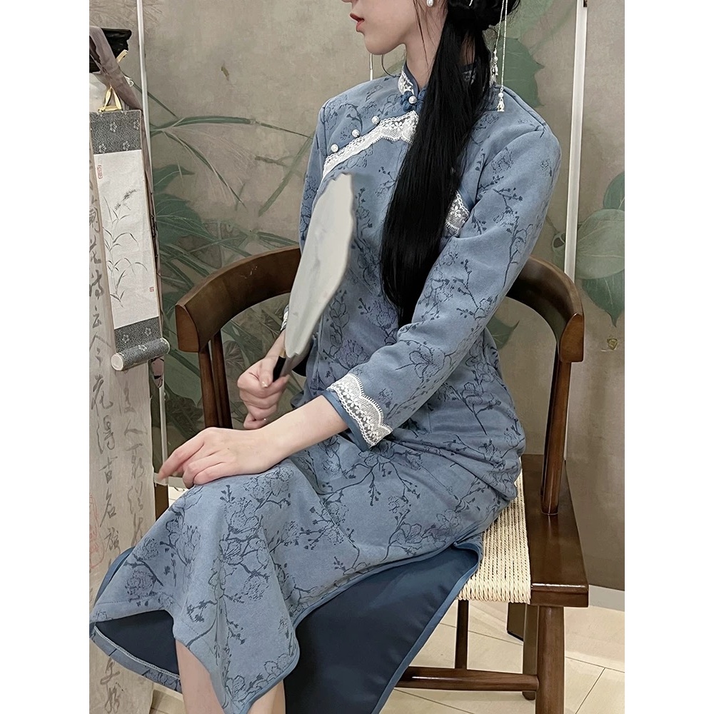 特价！秋款麂皮绒改良国风旗袍新中式中国风气质日常少女年轻显瘦