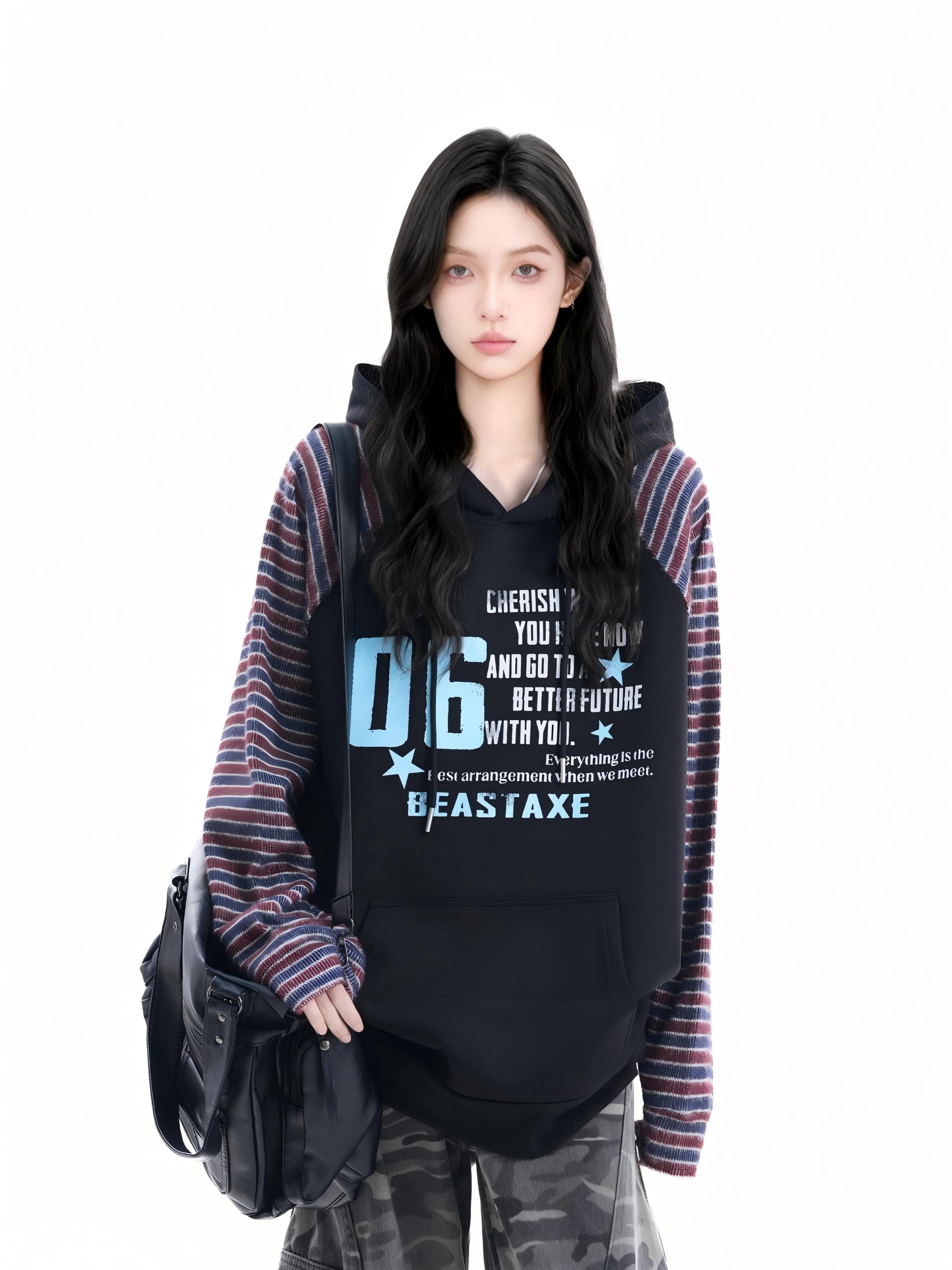【Mu&Mu】美式复古撞色条纹插肩袖连帽卫衣女oversize宽松帽衫