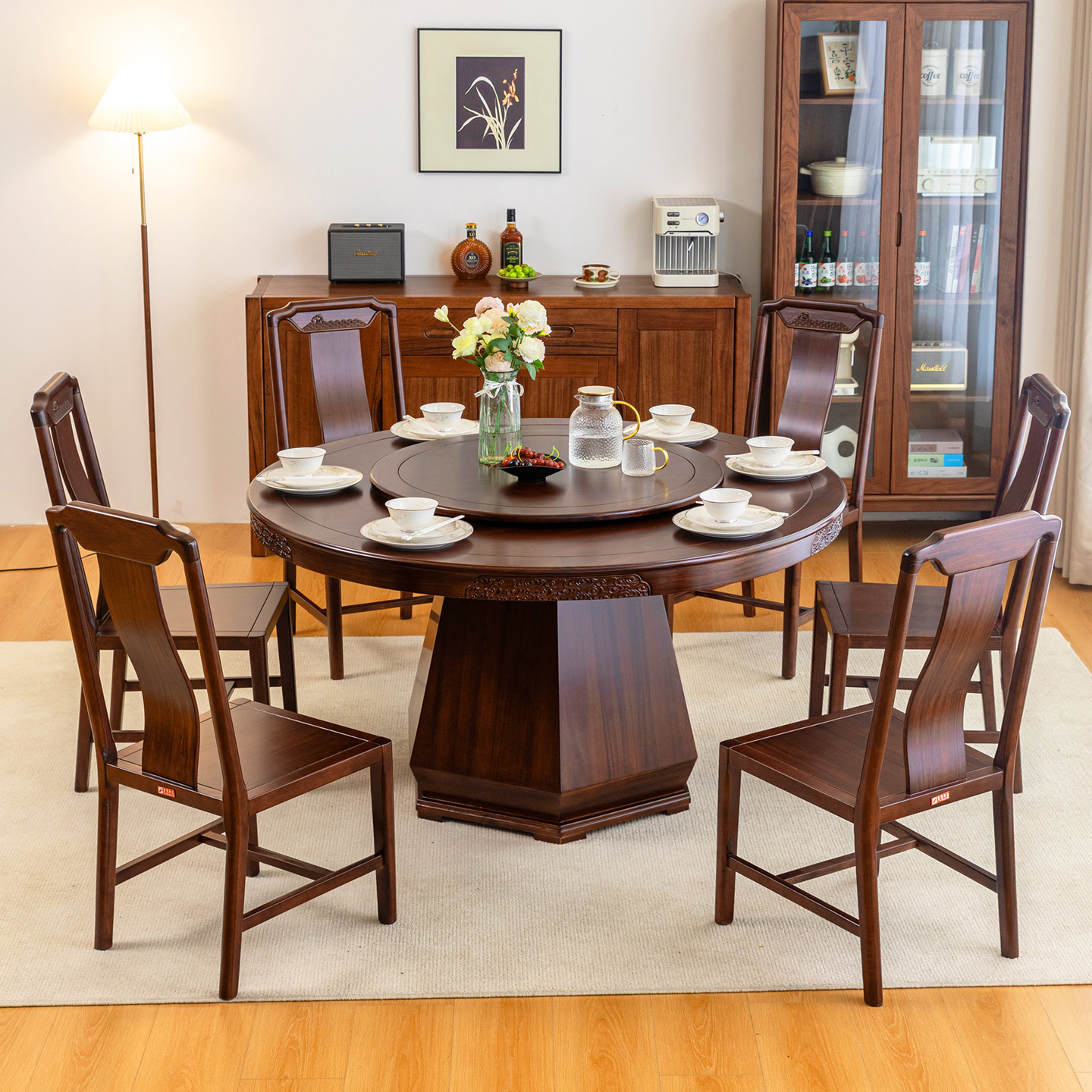 乌金木餐桌椅组合一桌六椅新中式餐厅乡村别墅高端饭桌带转盘雕花