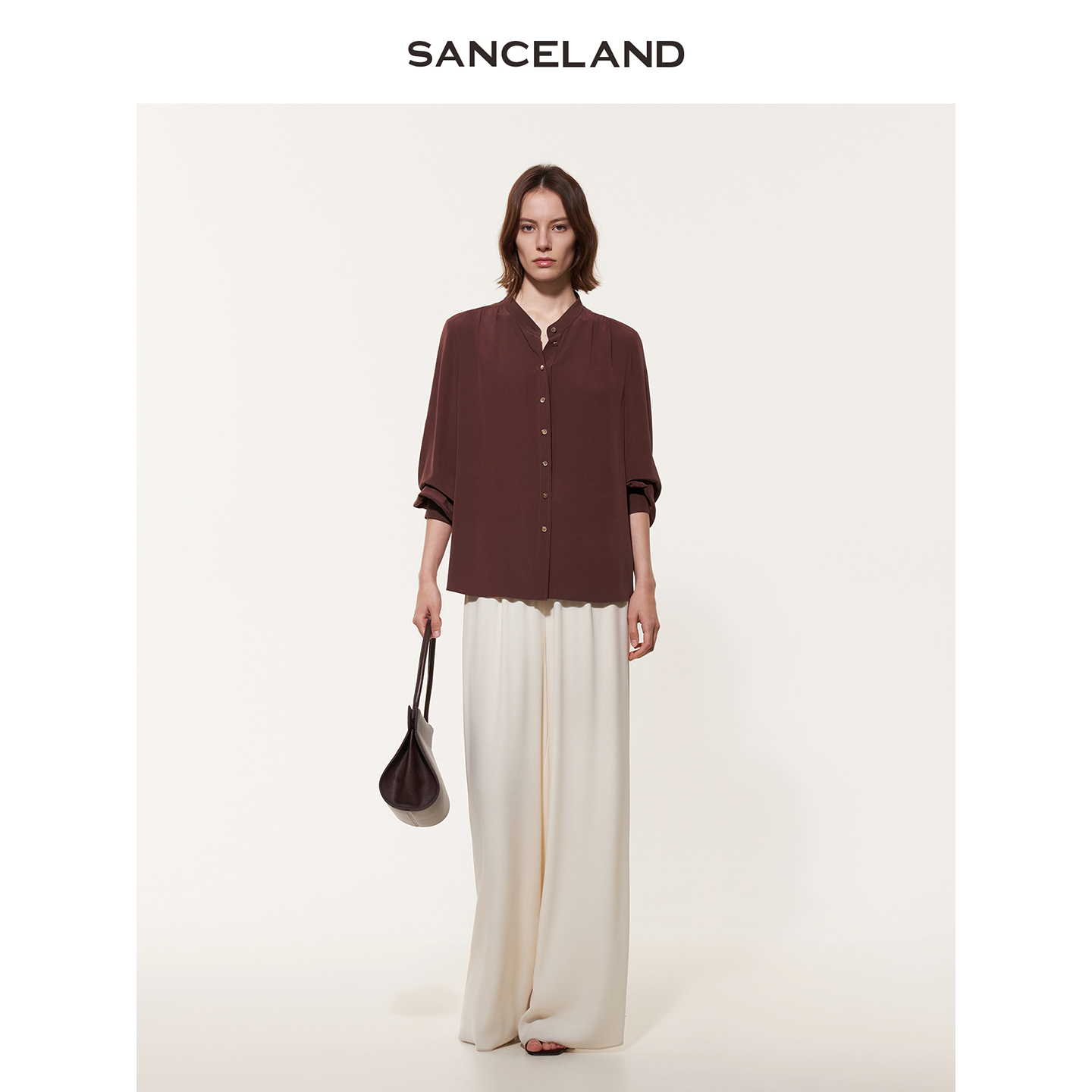 SANCELAND三石一澜25秋新款真丝小立领复古长袖衬衫女SJ31101079