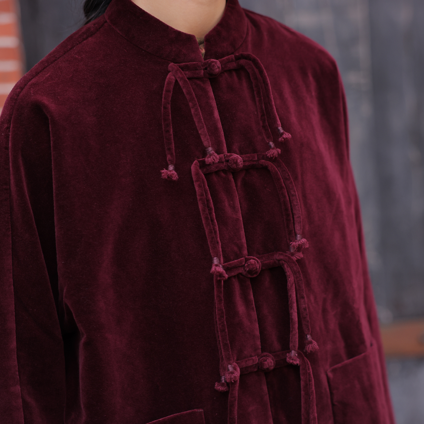 慢慢变蓝原创 荼 中式复古天鹅绒盘扣立领外套上衣阔腿裤