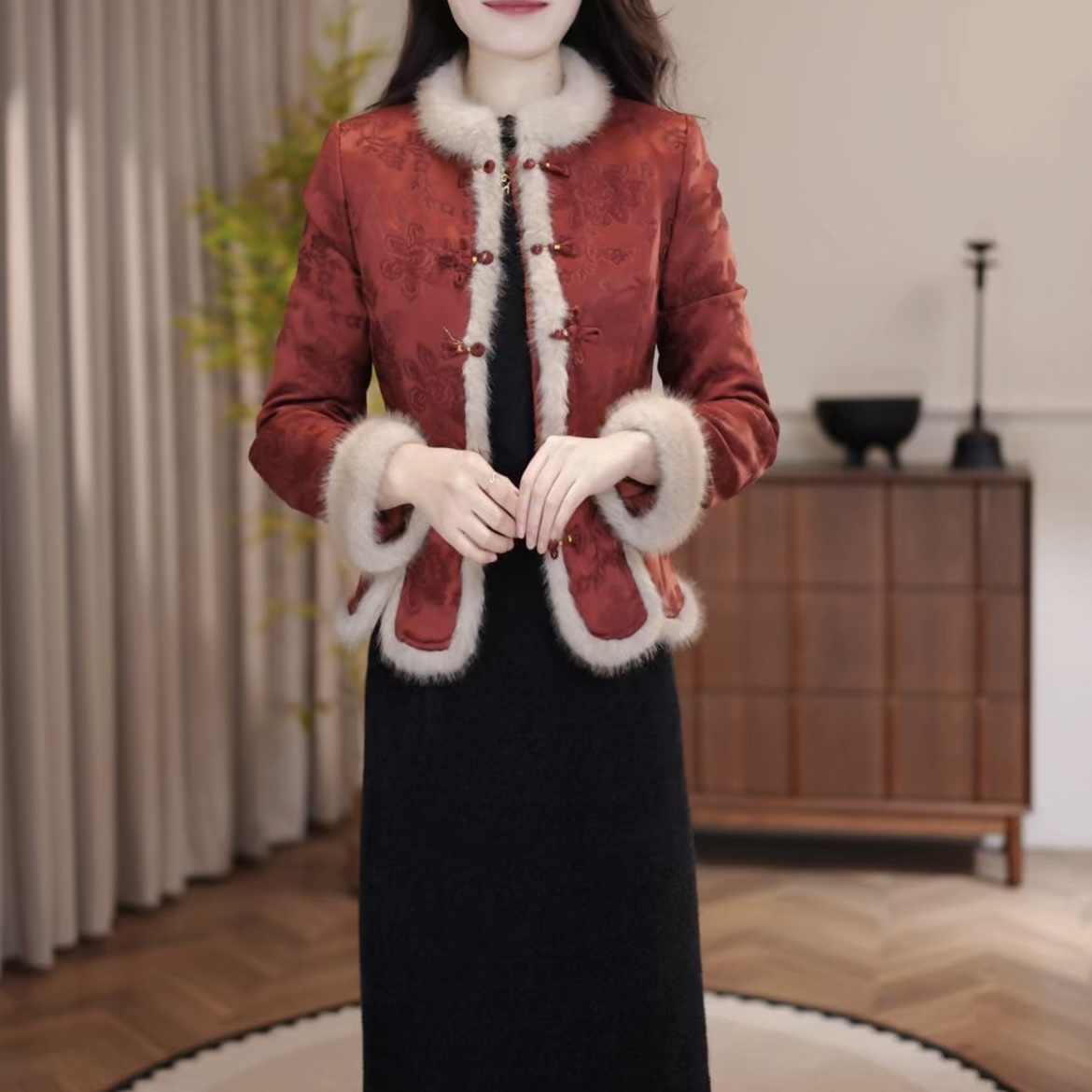 外套+连衣裙 新款冬季新中式带毛领贵气轻奢国风提花套装裙M-4XL