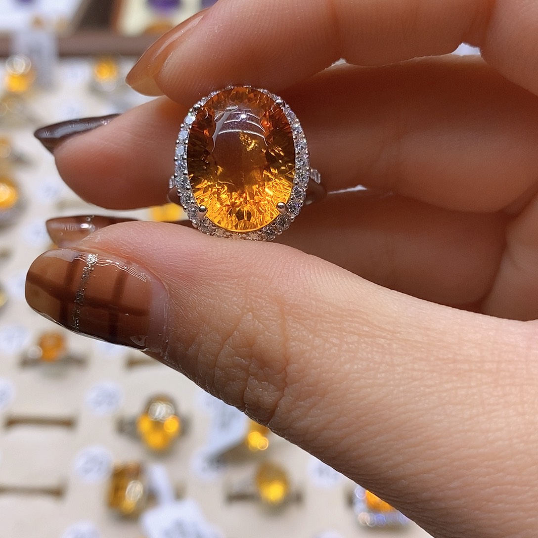 F***）戒指银S925镶嵌水晶纯天然黄水晶戒指J