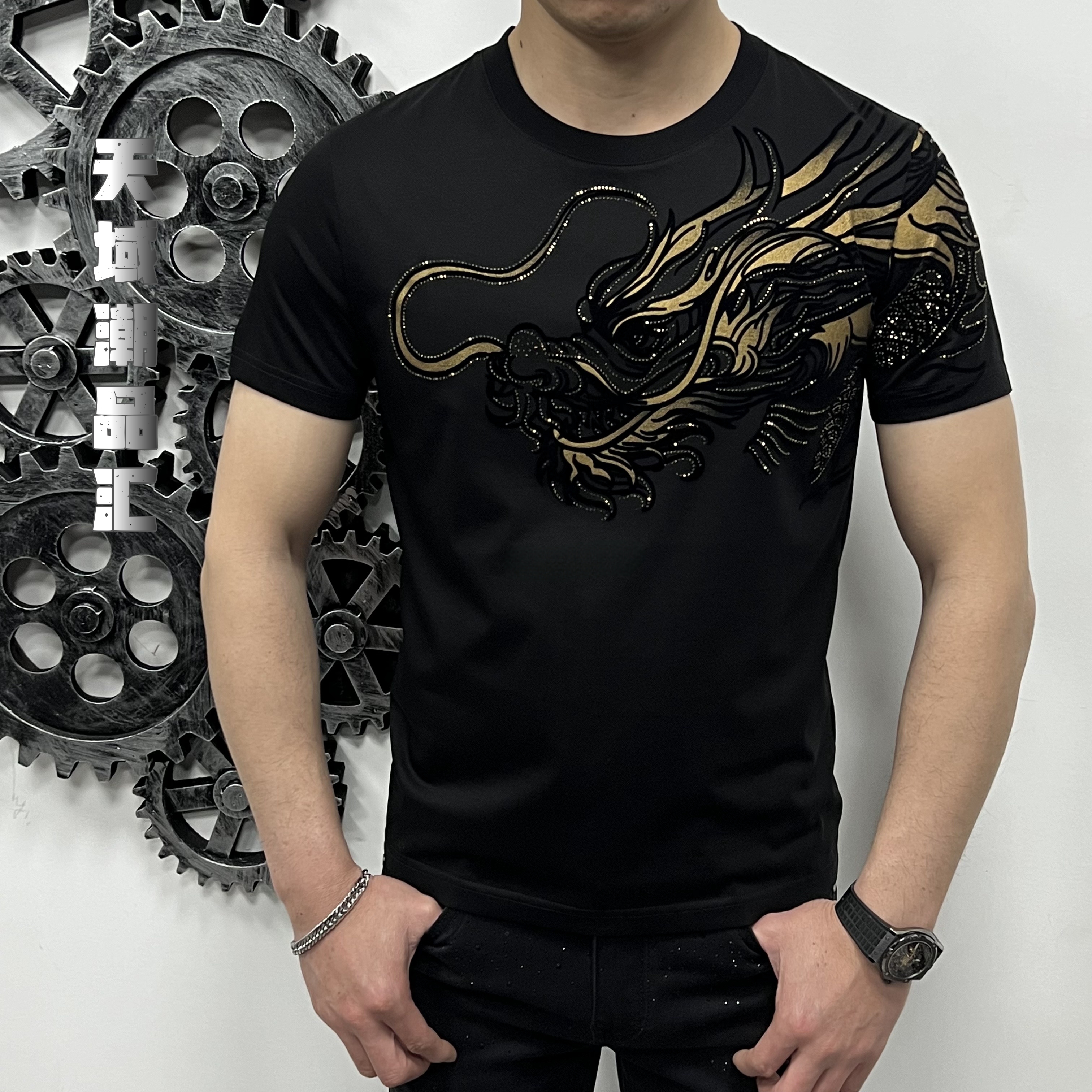 W362夏季过肩龙霸气侧漏中国风男士圆领高品质短袖